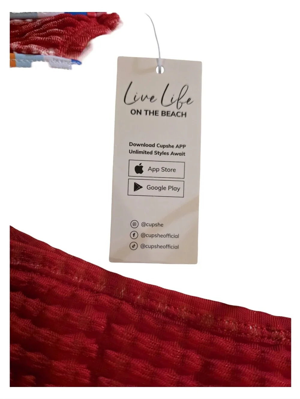Cupshe Cross Back Triangle Top & Hipster Bottoms Red Textured Swimwear Sz S NWT